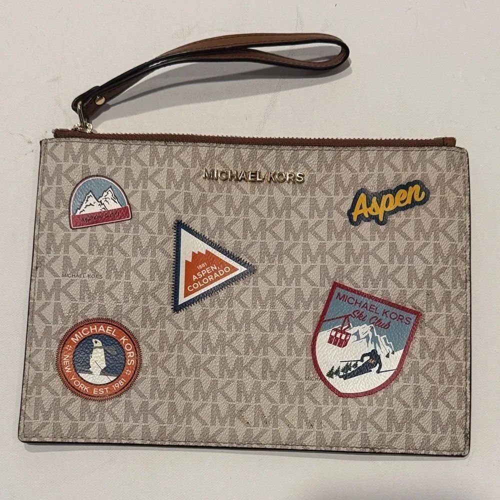 Michael Kors Beige and Brown Patch Wristlet